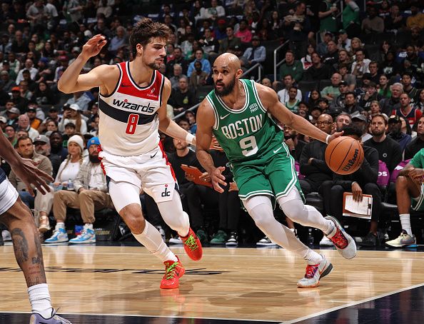 WASHINGTON, DC -? OCTOBER 30: Derrick White #9 of the Boston Celtics drives to the basket during the game against the Washington Wizards on October 30, 2023 at Capital One Arena in Washington, DC. NOTE TO USER: User expressly acknowledges and agrees that, by downloading and or using this Photograph, user is consenting to the terms and conditions of the Getty Images License Agreement. Mandatory Copyright Notice: Copyright 2023 NBAE (Photo by Kenny Giarla/NBAE via Getty Images)