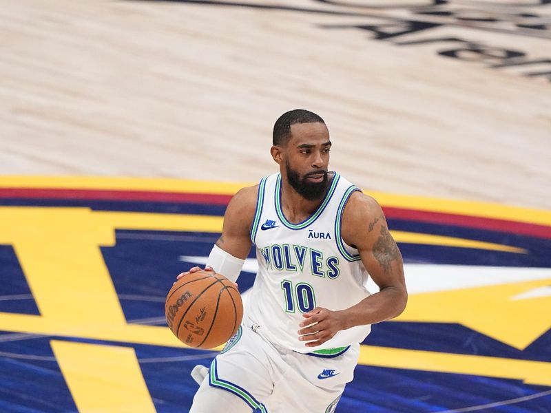 DENVER, CO - MAY 19: Mike Conley #10 of the Minnesota Timberwolves handles the ball during the game  against the Denver Nuggets during Round 2 Game 7 of the 2024 NBA Playoffs on May 19, 2024 at the Ball Arena in Denver, Colorado. NOTE TO USER: User expressly acknowledges and agrees that, by downloading and/or using this Photograph, user is consenting to the terms and conditions of the Getty Images License Agreement. Mandatory Copyright Notice: Copyright 2023 NBAE (Photo by Bart Young/NBAE via Getty Images)