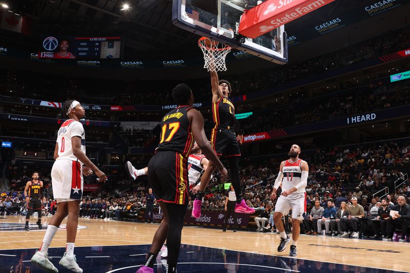 WASHINGTON, DC -? OCTOBER 30: Jalen Johnson #1 of the Atlanta Hawks dunks the ball during the game against the Washington Wizards during a regular season game on October 30, 2024 at Capital One Arena in Washington, DC. NOTE TO USER: User expressly acknowledges and agrees that, by downloading and or using this Photograph, user is consenting to the terms and conditions of the Getty Images License Agreement. Mandatory Copyright Notice: Copyright 2024 NBAE (Photo by Kenny Giarla/NBAE via Getty Images)