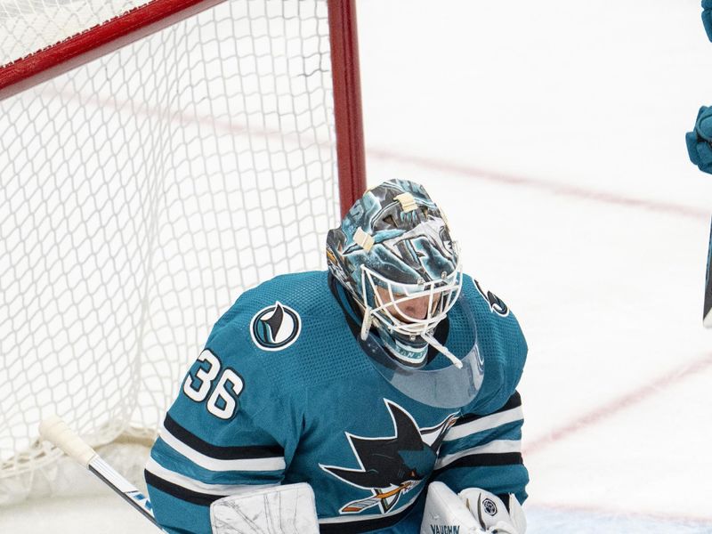 Dec 28, 2023; San Jose, California, USA; San Jose Sharks goaltender Kaapo Kahkonen (36) makes a save against the Edmonton Oilers during the third period at SAP Center at San Jose. Mandatory Credit: Neville E. Guard-USA TODAY Sports