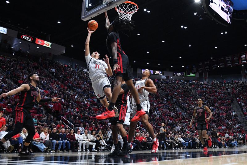 Jan 6, 2024; San Diego, California, USA; San Diego State Aztecs guard Miles Byrd (21) shoots the ball while defended by UNLV Rebels forward Keylan Boone (20) during the first half at Viejas Arena. Mandatory Credit: Orlando Ramirez-USA TODAY Sports