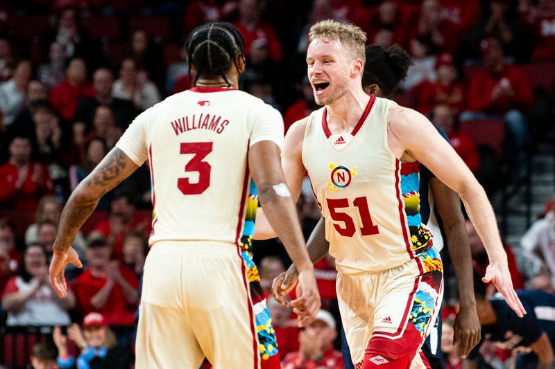 Feb 17, 2024; Lincoln, Nebraska, USA; Nebraska Cornhuskers forward Rienk Mast (51) celebrates after making a shot against the Penn State Nittany Lions during the second half at Pinnacle Bank Arena. Mandatory Credit: Dylan Widger-USA TODAY Sports