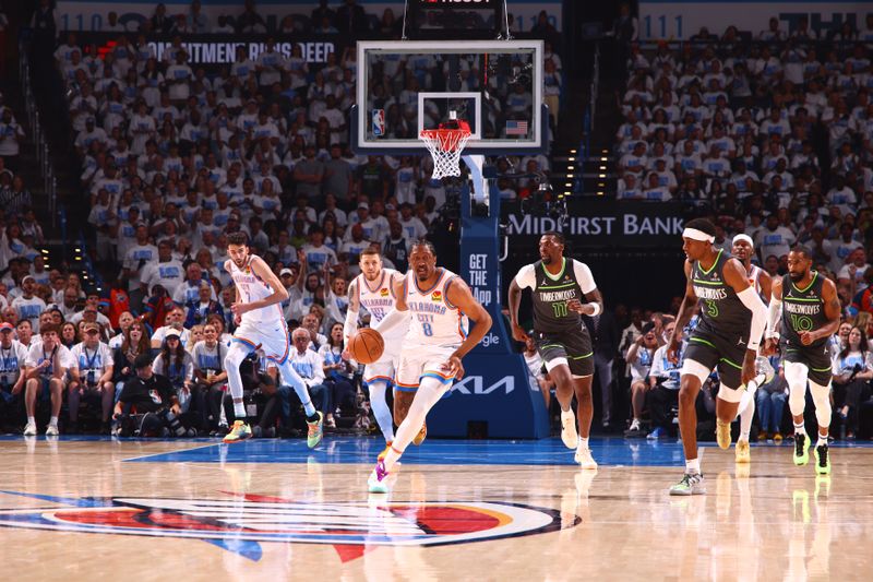 OKLAHOMA CITY, OK - MAY 20: Jalen Williams #8 of the Oklahoma City Thunder dribbles the ball during the game against the Minnesota Timberwolves during Game 1 of the 2025 Western Conference Finals on May 20, 2025 at Paycom Center in Oklahoma City, Oklahoma. NOTE TO USER: User expressly acknowledges and agrees that, by downloading and or using this photograph, User is consenting to the terms and conditions of the Getty Images License Agreement. Mandatory Copyright Notice: Copyright 2025 NBAE (Photo by Zach Beeker/NBAE via Getty Images)