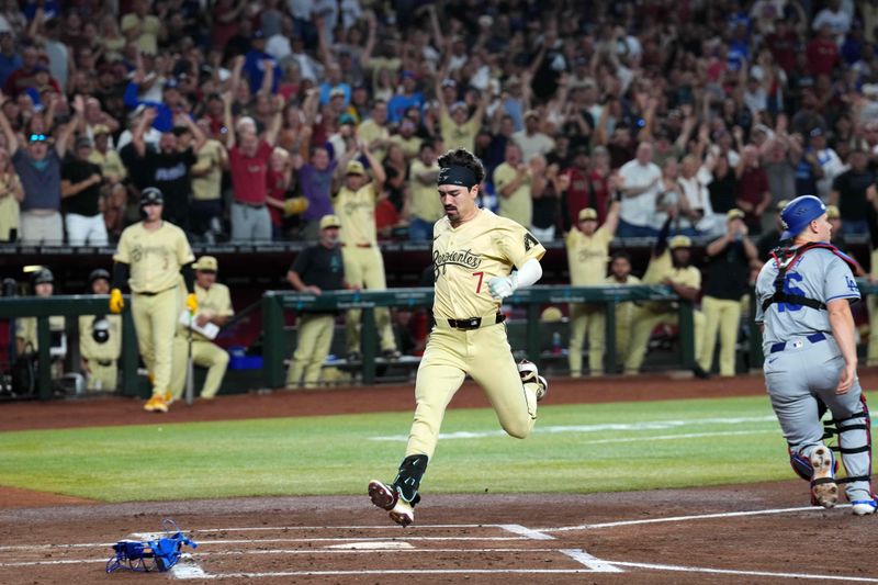 Aug 31, 2024; Phoenix, Arizona, USA; Arizona Diamondbacks outfielder Corbin Carroll (7) scores on an inside the park home run against the Los Angeles Dodgers during the first inning at Chase Field. Mandatory Credit: Joe Camporeale-USA TODAY Sports