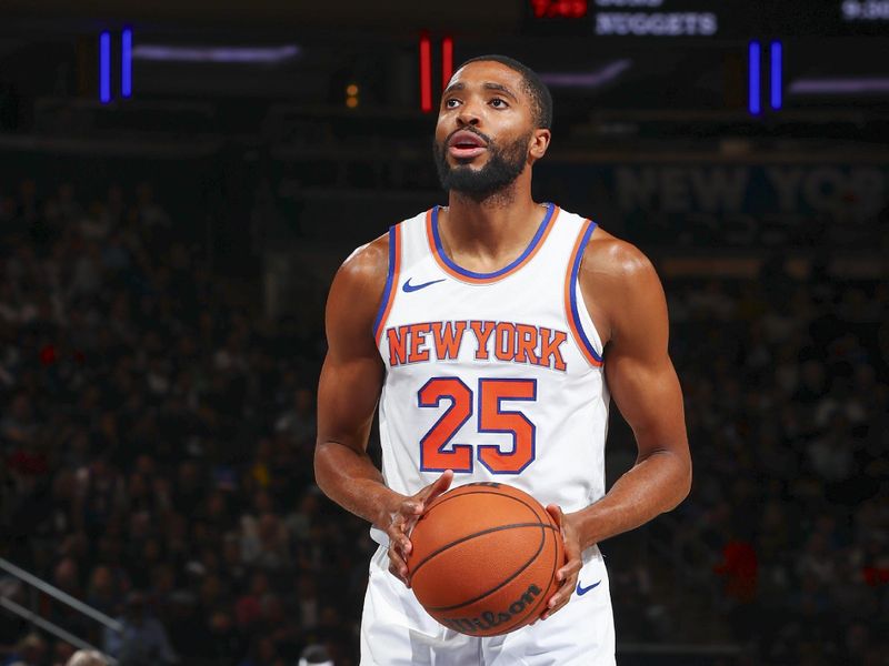 NEW YORK, NY - OCTOBER 13: Mikal Bridges #25 of the New York Knicks shoots a free throw during the game on October 13, 2024 at Madison Square Garden in New York City, New York.  NOTE TO USER: User expressly acknowledges and agrees that, by downloading and or using this photograph, User is consenting to the terms and conditions of the Getty Images License Agreement. Mandatory Copyright Notice: Copyright 2024 NBAE  (Photo by David L. Nemec/NBAE via Getty Images)