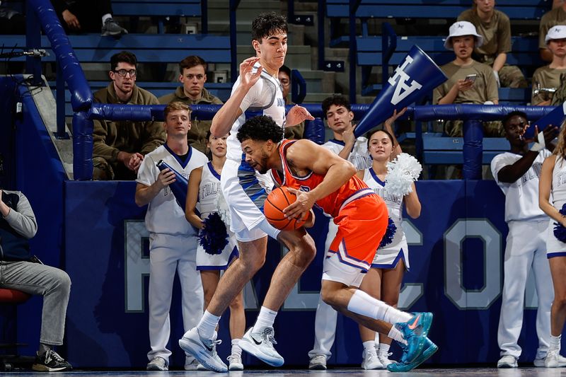 Jan 31, 2023; Colorado Springs, Colorado, USA; Boise State Broncos guard Marcus Shaver Jr. (10) controls the ball as Air Force Falcons forward Beau Becker (14) guards in the second half at Clune Arena. Mandatory Credit: Isaiah J. Downing-USA TODAY Sports