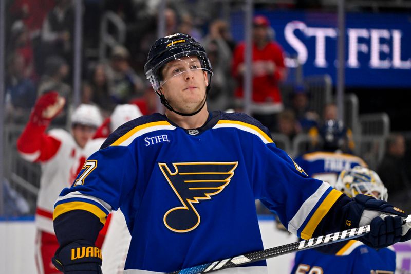 Dec 12, 2023; St. Louis, Missouri, USA;  St. Louis Blues defenseman Torey Krug (47) looks on after Detroit Red Wings center Robby Fabbri (14) scored during the third period at Enterprise Center. Mandatory Credit: Jeff Curry-USA TODAY Sports