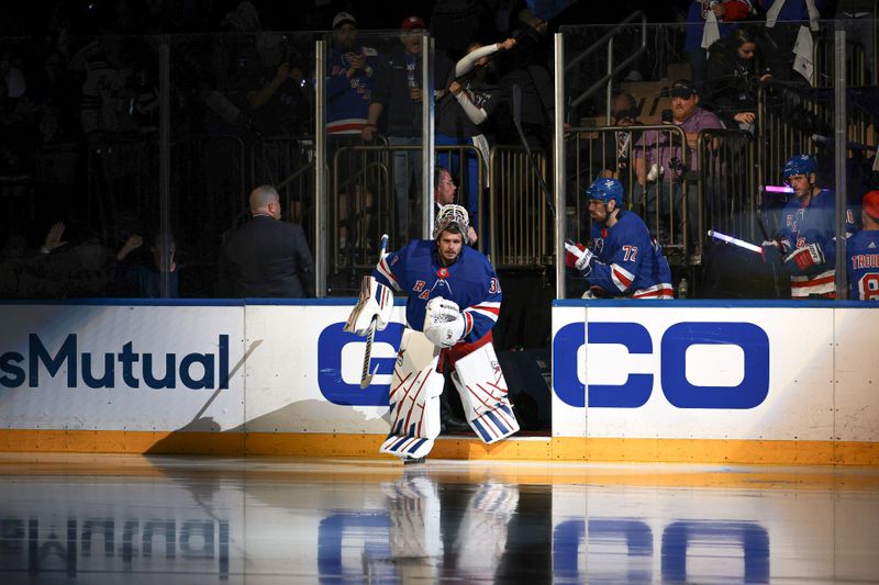 May 24, 2024; New York, New York, USA; New York Rangers goaltender Igor Shesterkin (31) takes the ice before game two of the Eastern Conference Final of the 2024 Stanley Cup Playoffs against the Florida Panthers at Madison Square Garden. Mandatory Credit: Vincent Carchietta-USA TODAY Sports