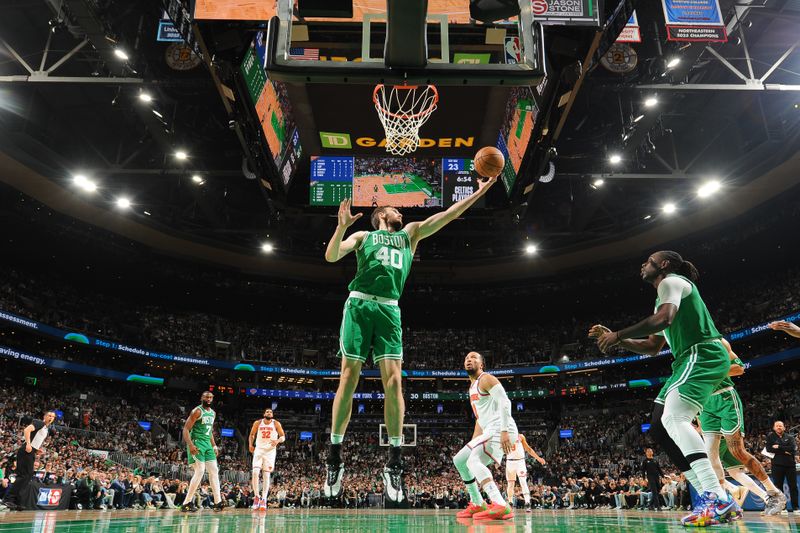 BOSTON, MA - MAY 7: Luke Kornet #40 of the Boston Celtics rebounds the ball during the game against the New York Knicks during Round 2 Game 2 on May 7, 2025 at TD Garden in Boston, Massachusetts. NOTE TO USER: User expressly acknowledges and agrees that, by downloading and/or using this Photograph, user is consenting to the terms and conditions of the Getty Images License Agreement. Mandatory Copyright Notice: Copyright 2025 NBAE (Photo by Brian Babineau/NBAE via Getty Images)