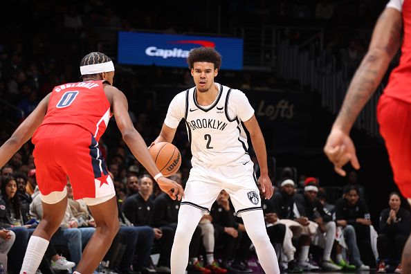 WASHINGTON, DC -? DECEMBER 29: Cameron Johnson #2 of the Brooklyn Nets dribbles the ball during the game against the Washington Wizards on December 29, 2023 at Capital One Arena in Washington, DC. NOTE TO USER: User expressly acknowledges and agrees that, by downloading and or using this Photograph, user is consenting to the terms and conditions of the Getty Images License Agreement. Mandatory Copyright Notice: Copyright 2023 NBAE (Photo by Stephen Gosling/NBAE via Getty Images)