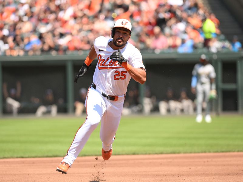 Apr 28, 2024; Baltimore, Maryland, USA;  Baltimore Orioles right fielder Anthony Santander (25) rounds the bases during the second inning against the Oakland Athletics at Oriole Park at Camden Yards. Mandatory Credit: James A. Pittman-USA TODAY Sports