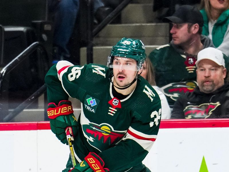 Jan 15, 2024; Saint Paul, Minnesota, USA; Minnesota Wild right wing Mats Zuccarello (36) looks to pass during the second period against the New York Islanders at Xcel Energy Center. Mandatory Credit: Brace Hemmelgarn-USA TODAY Sports