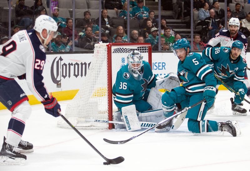 Mar 14, 2023; San Jose, California, USA; Columbus Blue Jackets left winger Patrik Laine (29) lines up a shot at San Jose Sharks goaltender Kaapo Kahkonen (36) and defenseman Matt Benning (5) during the first period at SAP Center at San Jose. Mandatory Credit: D. Ross Cameron-USA TODAY Sports