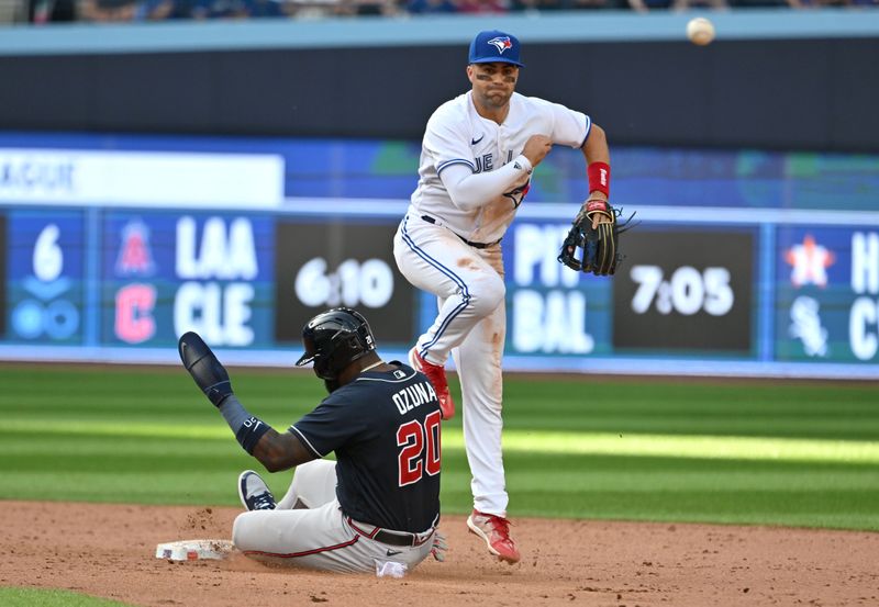 May 13, 2023; Toronto, Ontario, CAN; Toronto Blue Jays second baseman Whit Merrifield (15) throws to first base to turn a double play after forcing out Atlanta Braves designated hitter Marcell Ozuna (20) in the eighth inning at Rogers Centre. Mandatory Credit: Dan Hamilton-USA TODAY Sports