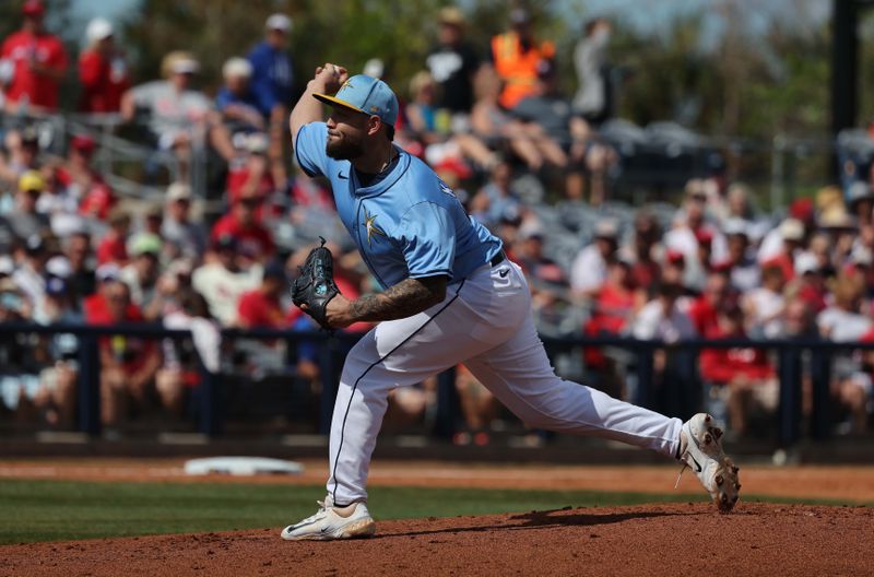 Feb 25, 2025; Port Charlotte, Florida, USA; Tampa Bay Rays Joey Krehbiel (47) throws against the Philadelphia Phillies during the third inning at Charlotte Sports Park. Mandatory Credit: Kim Klement Neitzel-Imagn Images