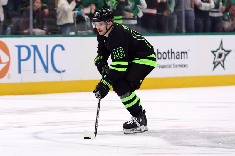 Apr 13, 2024; Dallas, Texas, USA; Dallas Stars center Sam Steel (18) attempts a penalty shot in the second period against the Seattle Kraken at American Airlines Center. Mandatory Credit: Tim Heitman-USA TODAY Sports