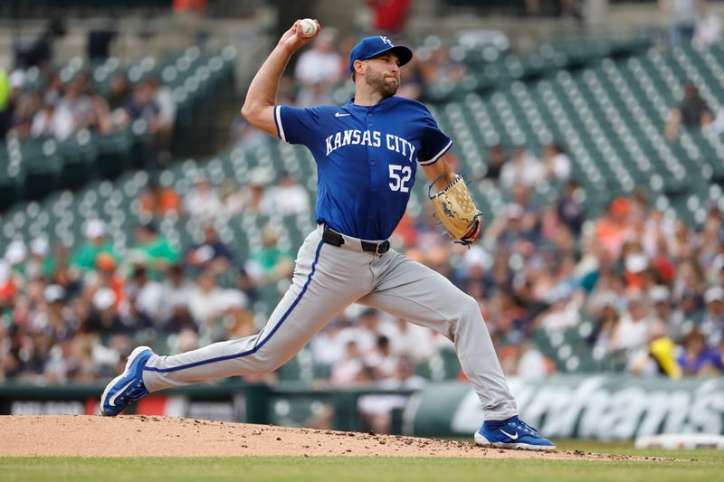 Apr 28, 2024; Detroit, Michigan, USA;  Kansas City Royals pitcher Michael Wacha (52) pitches in the first inning against the Detroit Tigers at Comerica Park. Mandatory Credit: Rick Osentoski-USA TODAY Sports