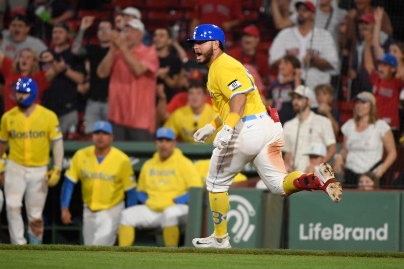 Sep 9, 2023; Boston, Massachusetts, USA;  Boston Red Sox center fielder Wilyer Abreu (52) reacts after hitting an RBI single during the ninth inning against the Baltimore Orioles at Fenway Park. Mandatory Credit: Bob DeChiara-USA TODAY Sports