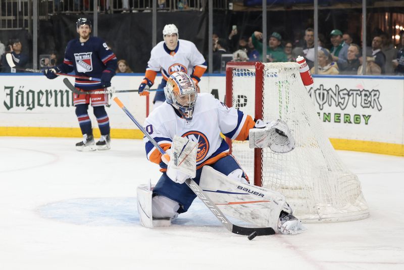 Mar 17, 2024; New York, New York, USA; New York Islanders goaltender Ilya Sorokin (30) makes a save against the New York Rangers during the second period at Madison Square Garden. Mandatory Credit: Vincent Carchietta-USA TODAY Sports