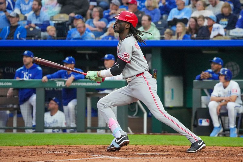 May 27, 2025; Kansas City, Missouri, USA; Cincinnati Reds shortstop Elly De La Cruz (44) watches after connecting for a solo home run against the Kansas City Royals in the fourth inning at Kauffman Stadium. Mandatory Credit: Denny Medley-Imagn Images