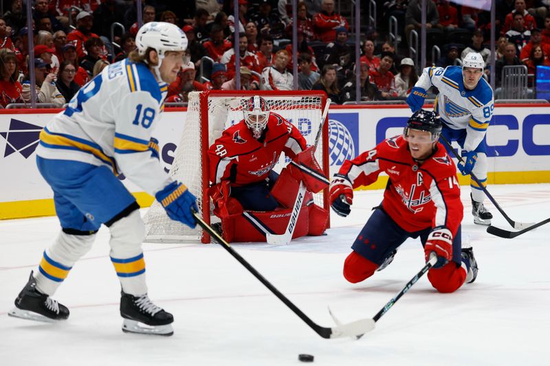 Nov 5, 2025; Washington, District of Columbia, USA; Washington Capitals goaltender Logan Thompson (48) follows the puck as St. Louis Blues center Robert Thomas (18) passes in front of Capitals defenseman John Carlson (74) during the second period at Capital One Arena. Mandatory Credit: Geoff Burke-Imagn Images