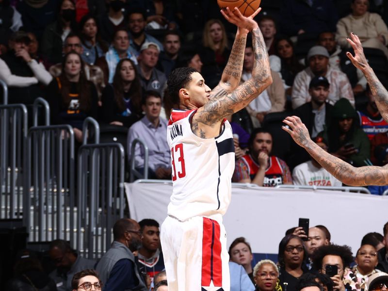 WASHINGTON, DC -? JANUARY 25: Kyle Kuzma #33 of the Washington Wizards shoots a three point basket during the game against the Utah Jazz on January 25, 2024 at Capital One Arena in Washington, DC. NOTE TO USER: User expressly acknowledges and agrees that, by downloading and or using this Photograph, user is consenting to the terms and conditions of the Getty Images License Agreement. Mandatory Copyright Notice: Copyright 2024 NBAE (Photo by Kenny Giarla/NBAE via Getty Images)