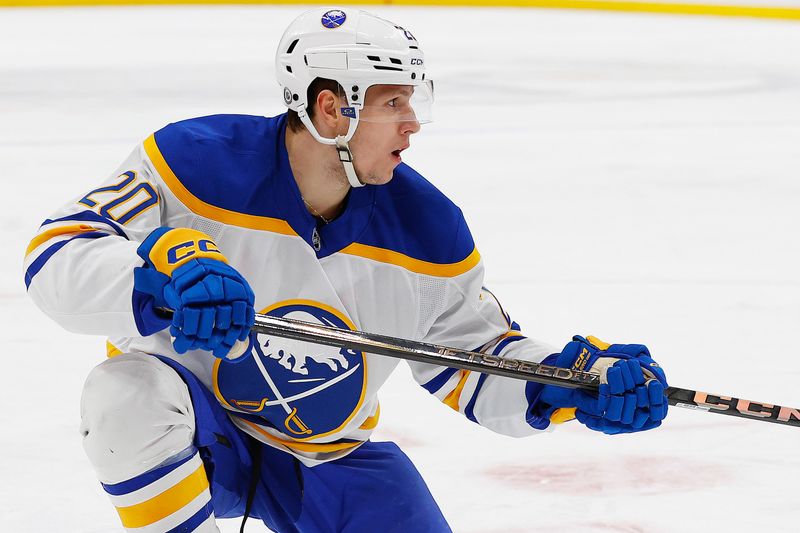 Jan 25, 2025; Edmonton, Alberta, CAN; Buffalo Sabres forward Jiri Kulich (20) follows the play against the Edmonton Oilers at Rogers Place. Mandatory Credit: Perry Nelson-Imagn Images