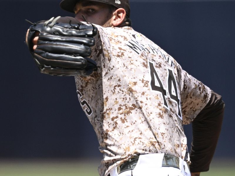 Apr 21, 2024; San Diego, California, USA; San Diego Padres starting pitcher Joe Musgrove (44) throws a pitch against the Toronto Blue Jays during the first inning at Petco Park. Mandatory Credit: Orlando Ramirez-USA TODAY Sports