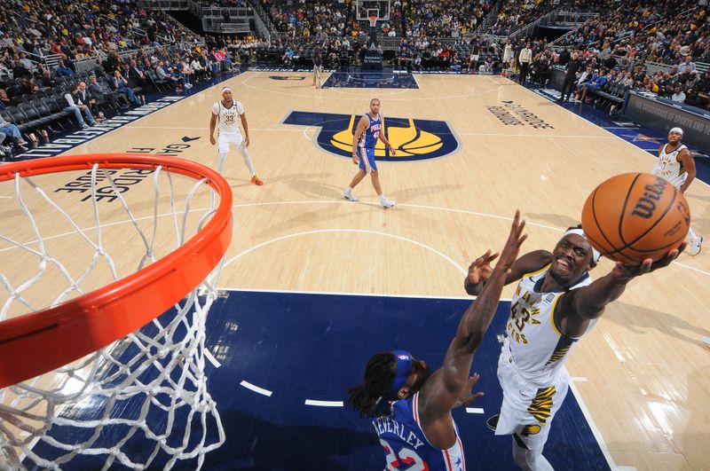 INDIANAPOLIS, IN - JANUARY 25:  Pascal Siakam #43 of the Indiana Pacers goes to the basket during the game on January 25, 2024 at Gainbridge Fieldhouse in Indianapolis, Indiana. NOTE TO USER: User expressly acknowledges and agrees that, by downloading and or using this Photograph, user is consenting to the terms and conditions of the Getty Images License Agreement. Mandatory Copyright Notice: Copyright 2024 NBAE (Photo by Ron Hoskins/NBAE via Getty Images)