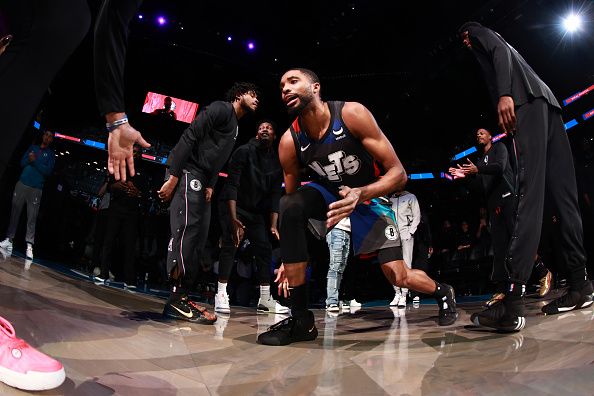 BROOKLYN, NY - DECEMBER 2: Mikal Bridges #1 of the Brooklyn Nets is introduced before the game against the Orlando Magic on December 2, 2023 at Barclays Center in Brooklyn, New York. NOTE TO USER: User expressly acknowledges and agrees that, by downloading and or using this Photograph, user is consenting to the terms and conditions of the Getty Images License Agreement. Mandatory Copyright Notice: Copyright 2023 NBAE (Photo by Nathaniel S. Butler/NBAE via Getty Images)