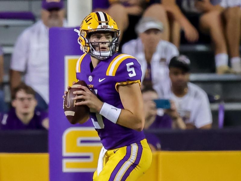 Sep 18, 2021; Baton Rouge, Louisiana, USA;  LSU Tigers quarterback Garrett Nussmeier (5) looks to pass the ball against Central Michigan Chippewas during the second half at Tiger Stadium. Mandatory Credit: Stephen Lew-USA TODAY Sports