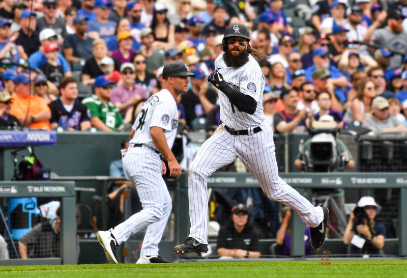 May 28, 2023; Denver, Colorado, USA; Colorado Rockies designated hitter Charlie Blackmon (19) heads home to score in the third inning against the New York Mets at Coors Field. Mandatory Credit: John Leyba-USA TODAY Sports