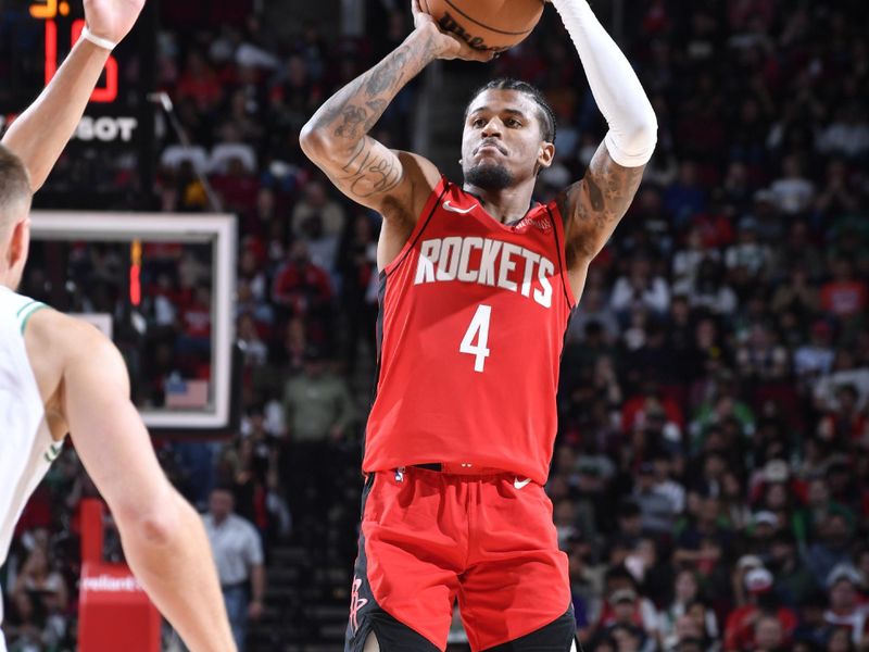 HOUSTON, TX - JANUARY 3:  Jalen Green #4 of the Houston Rockets shoots the ball during the game against the Boston Celtics on January 3, 2025 at the Toyota Center in Houston, Texas. NOTE TO USER: User expressly acknowledges and agrees that, by downloading and or using this photograph, User is consenting to the terms and conditions of the Getty Images License Agreement. Mandatory Copyright Notice: Copyright 2025 NBAE (Photo by Logan Riely/NBAE via Getty Images)