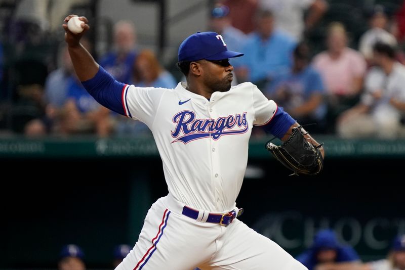 Sep 19, 2024; Arlington, Texas, USA; Texas Rangers pitcher Kumar Rocker (80) throws to the plate during the first inning against the Toronto Blue Jays at Globe Life Field. Mandatory Credit: Raymond Carlin III-Imagn Images