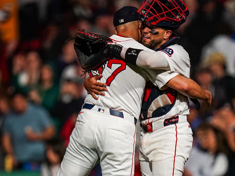 Jun 10, 2025; Boston, Massachusetts, USA; Boston Red Sox pitcher Greg Weissert (57) and catcher Carlos Narváez (75) react after defeating the Tampa Bay Rays in nine innings at Fenway Park. Mandatory Credit: David Butler II-Imagn Images