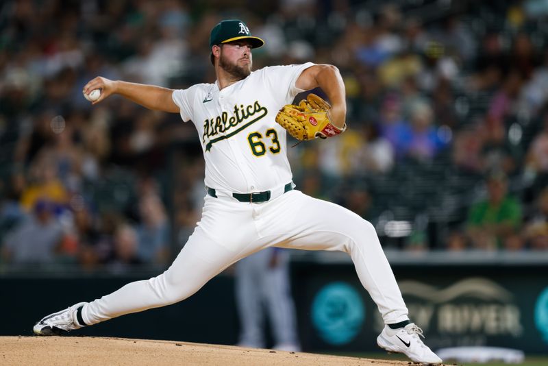 Sep 26, 2025; West Sacramento, California, USA; Athletics starting pitcher Mason Barnett (63) throws during the first inning against the Kansas City Royals at Sutter Health Park. Mandatory Credit: Sergio Estrada-Imagn Images