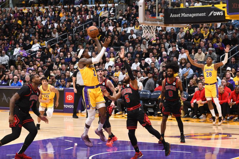 LOS ANGELES, CA - JANUARY 25: Jarred Vanderbilt #2 of the Los Angeles Lakers shoots the ball during the game against the Chicago Bulls on January 25, 2024 at Crypto.Com Arena in Los Angeles, California. NOTE TO USER: User expressly acknowledges and agrees that, by downloading and/or using this Photograph, user is consenting to the terms and conditions of the Getty Images License Agreement. Mandatory Copyright Notice: Copyright 2024 NBAE (Photo by Adam Pantozzi/NBAE via Getty Images)