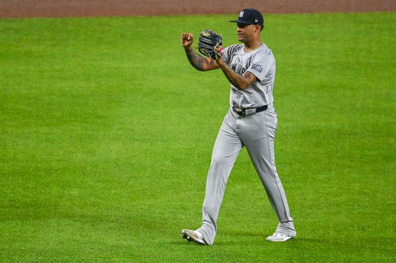 May 1, 2024; Baltimore, Maryland, USA;  New York Yankees pitcher Luis Gil (81) reacts when relieved form the game against the Baltimore Orioles at Oriole Park at Camden Yards. Mandatory Credit: Tommy Gilligan-USA TODAY Sports