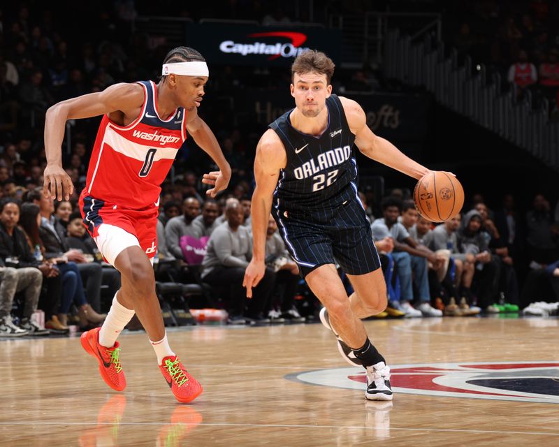 WASHINGTON, DC -? MARCH 6:  Franz Wagner #22 of the Orlando Magic goes to the basket during the game on March 6, 2024 at Capital One Arena in Washington, DC. NOTE TO USER: User expressly acknowledges and agrees that, by downloading and or using this Photograph, user is consenting to the terms and conditions of the Getty Images License Agreement. Mandatory Copyright Notice: Copyright 2024 NBAE (Photo by Stephen Gosling/NBAE via Getty Images)