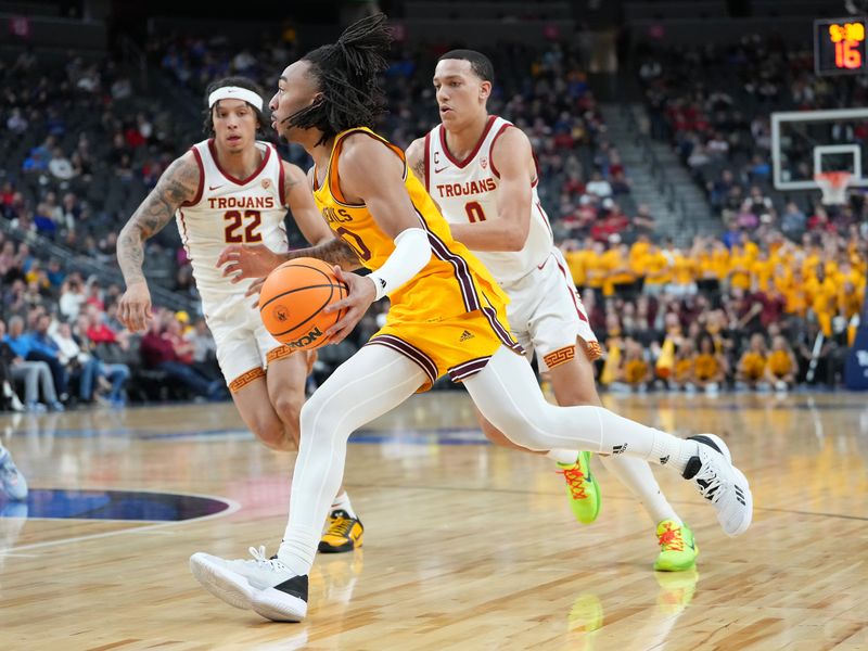 Mar 9, 2023; Las Vegas, NV, USA; Arizona State Sun Devils guard Frankie Collins (10) dribbles between USC Trojans guard Tre White (22) and USC Trojans forward Kobe Johnson (0) during the first half at T-Mobile Arena. Mandatory Credit: Stephen R. Sylvanie-USA TODAY Sports