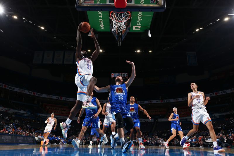 OKLAHOMA CITY, OK - OCTOBER 9: Eugene Omoruyi #97 of the Oklahoma City Thunder shoots the ball during the game against Maccabi Ra'anana on October 9, 2022 at Paycom Arena in Oklahoma City, Oklahoma. NOTE TO USER: User expressly acknowledges and agrees that, by downloading and or using this photograph, User is consenting to the terms and conditions of the Getty Images License Agreement. Mandatory Copyright Notice: Copyright 2022 NBAE (Photo by Zach Beeker/NBAE via Getty Images)