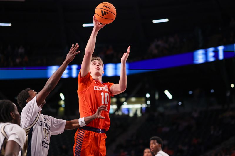 Jan 24, 2026; Atlanta, Georgia, USA; Clemson Tigers forward Jake Wahlin (10) shoots against the Georgia Tech Yellow Jackets in the first half at McCamish Pavilion. Mandatory Credit: Brett Davis-Imagn Images