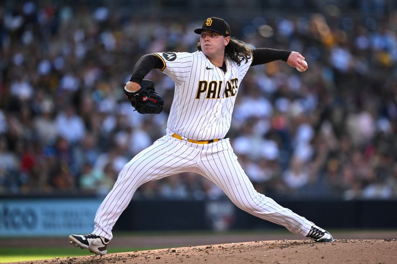 Jun 15, 2023; San Diego, California, USA; San Diego Padres starting pitcher Ryan Weathers (40) throws a pitch against the Cleveland Guardians during the second inning at Petco Park. Mandatory Credit: Orlando Ramirez-USA TODAY Sports