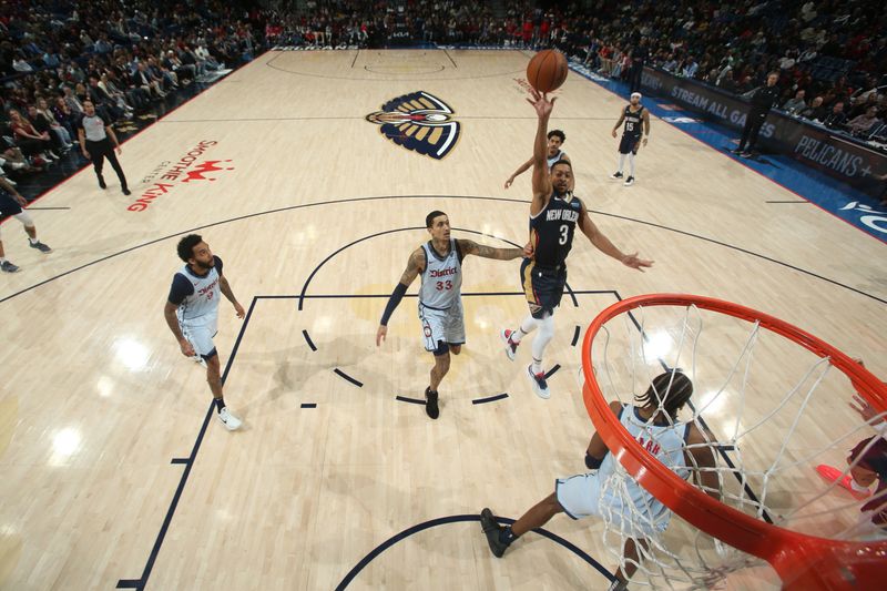 NEW ORLEANS, LA - JANUARY 3:  CJ McCollum #3 of the New Orleans Pelicans shoots the ball during the game against the Washington Wizards on January 3, 2025 at the Smoothie King Center in New Orleans, Louisiana. NOTE TO USER: User expressly acknowledges and agrees that, by downloading and or using this Photograph, user is consenting to the terms and conditions of the Getty Images License Agreement. Mandatory Copyright Notice: Copyright 2025 NBAE (Photo by Layne Murdoch Jr./NBAE via Getty Images)