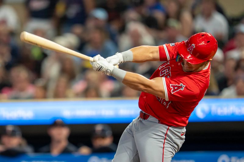 Sep 9, 2024; Minneapolis, Minnesota, USA; Los Angeles Angels designated hitter Niko Kavadas (28) this a two-run home against the Minnesota Twins in the sixth inning at Target Field. Mandatory Credit: Jesse Johnson-Imagn Images