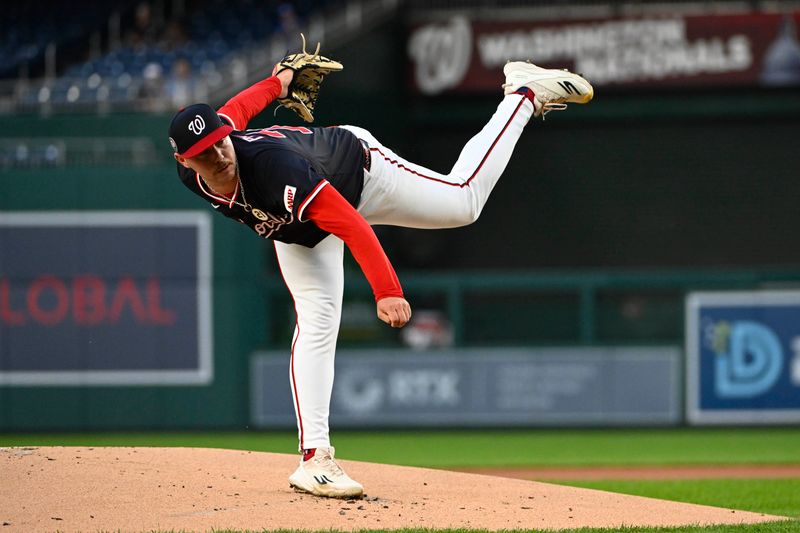 Sep 15, 2025; Washington, District of Columbia, USA; Washington Nationals starting pitcher Mitchell Parker (70) throws to the Atlanta Braves during the first inning at Nationals Park. Mandatory Credit: Brad Mills-Imagn Images