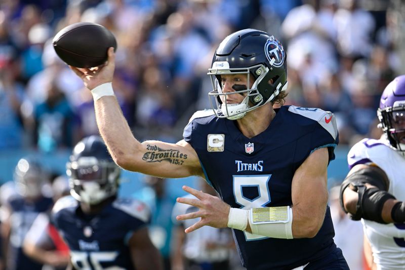 Tennessee Titans quarterback Will Levis (8) throws a pass during the first half of an NFL football game against the Minnesota Vikings, Sunday, Nov. 17, 2024, in Nashville, Tenn. (AP Photo/John Amis)