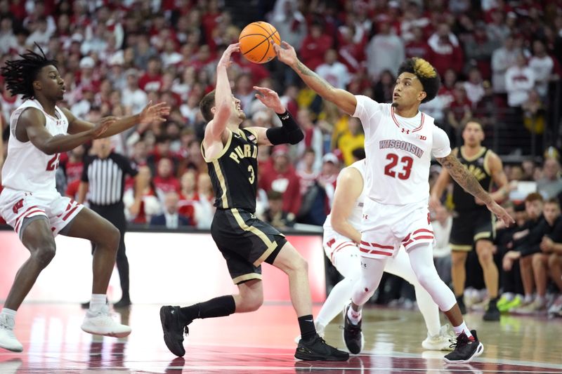 Feb 4, 2024; Madison, Wisconsin, USA; Wisconsin Badgers guard Chucky Hepburn (23) tips the ball away from Purdue Boilermakers guard Braden Smith (3) during the second half at the Kohl Center. Mandatory Credit: Kayla Wolf-USA TODAY Sports