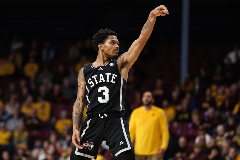 Dec 11, 2022; Minneapolis, Minnesota, USA; Mississippi State Bulldogs guard Shakeel Moore (3) reacts to his three point shot against the Minnesota Golden Gophers during the second half at Williams Arena. Mandatory Credit: Matt Krohn-USA TODAY Sports