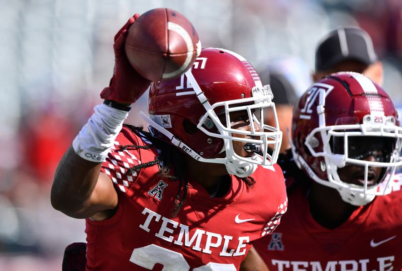 Oct 2, 2021; Philadelphia, Pennsylvania, USA; Temple Owls safety M.J. Griffin (28) reacts after recovering a fumble in the second half against the Memphis Tigers at Lincoln Financial Field. Mandatory Credit: Kyle Ross-USA TODAY Sports